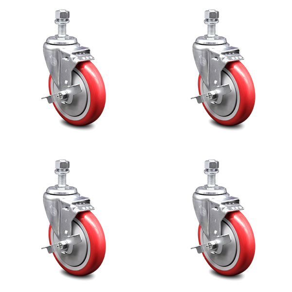 Service Caster 5 Inch Red Polyurethane Swivel ½ Inch Threaded Stem Caster Set with Brake SCC SCC-TS20S514-PPUB-RED-TLB-121315-4